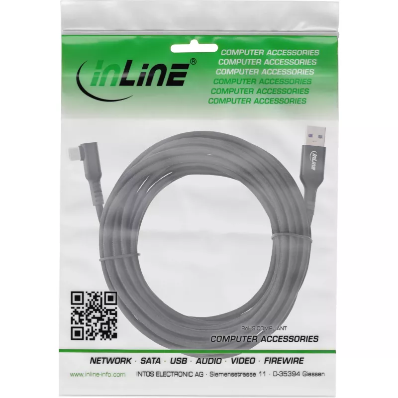 InLine USB 3.2 Gen.1 laidas, USB-C kištukas kampuotas - USB-A kištukas VR, juodas, 5m