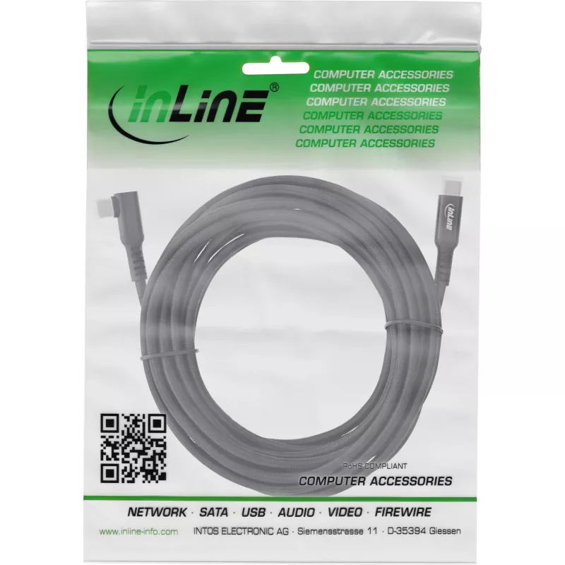 InLine USB 3.2 Gen.1 kabelis, USB Type-C laidas su kištukais abiejuose galuose, kampinis, skirtas VR, juodas, 5 m