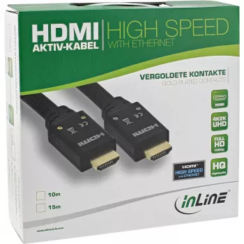InLine HDMI aktyvus laidas, HDMI-High Speed su Ethernet, M/M, nailono pynė, 15 m