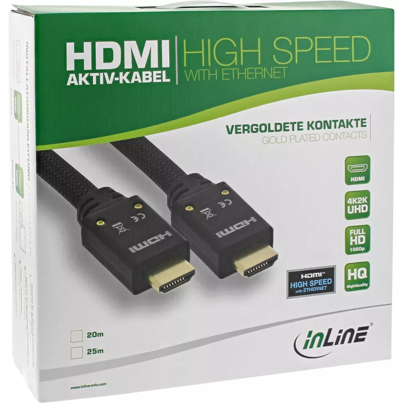 InLine HDMI aktyvus laidas, HDMI-High Speed su Ethernet, M/M, nailono pynė, 20 m