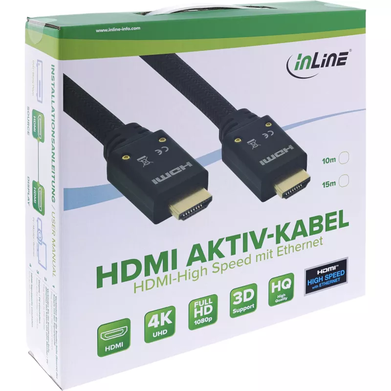 InLine HDMI aktyvus kabelis, HDMI-High Speed su Ethernet, M/M, nailono pynė, 10 m