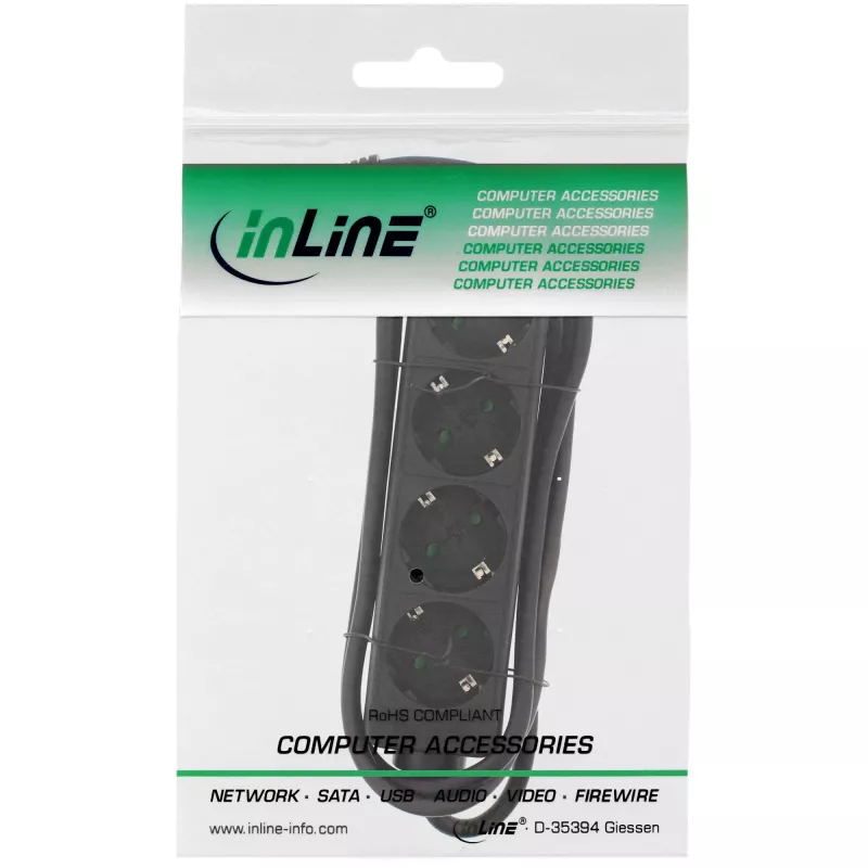 InLine Socket strip, 4-way earth contact CEE 7/3, Juoda, 3m