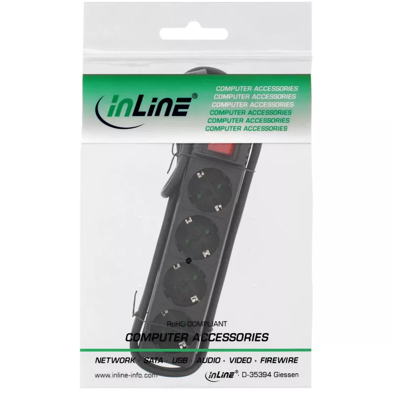 InLine kištukinis lizdas, 4 krypčių apsauginis kontaktas CEE 7/3, su jungikliu, juodas, 5 m