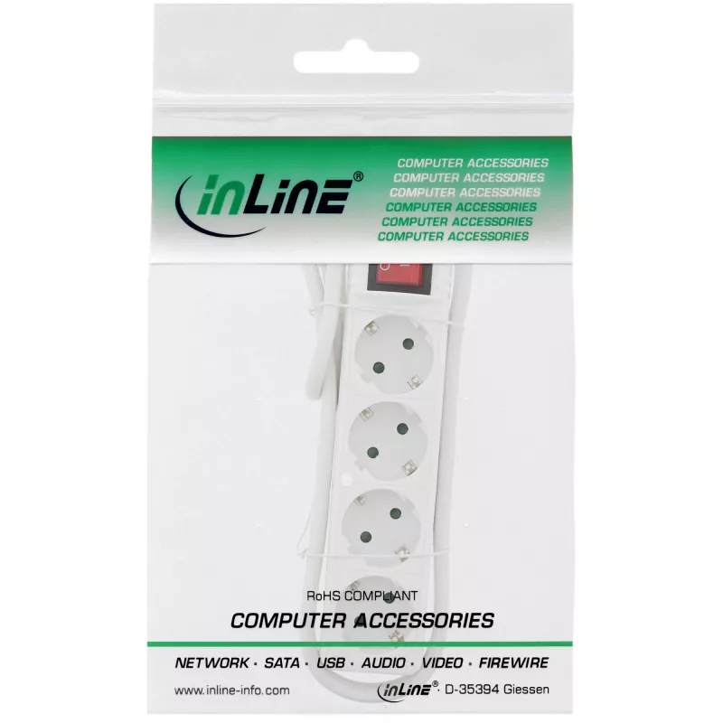 InLine kištukinis lizdų blokas, 4 vietų su įžeminimo kontaktu CEE 7/3, su jungikliu, baltas, 3 m