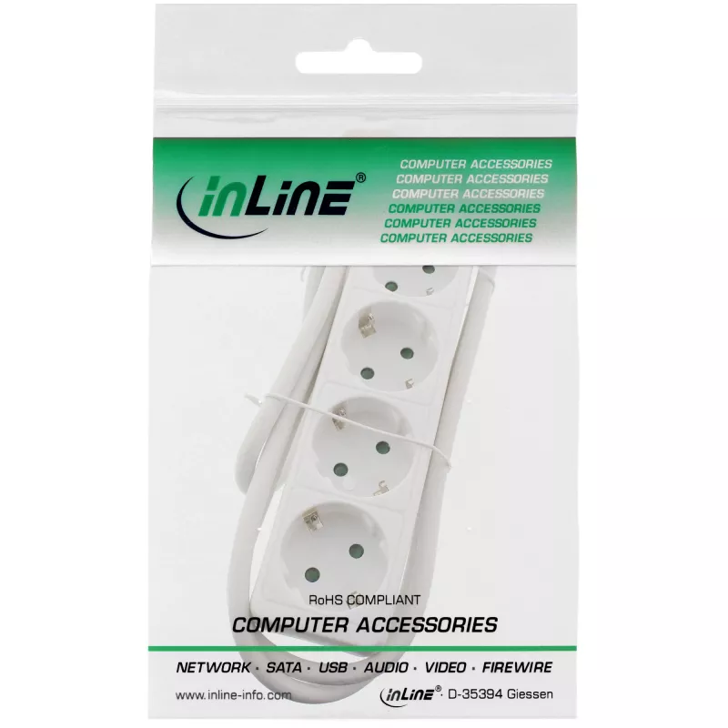 InLine lizdų juosta, 4 krypčių su įžeminimo kontaktu CEE 7/3, balta, 5 m