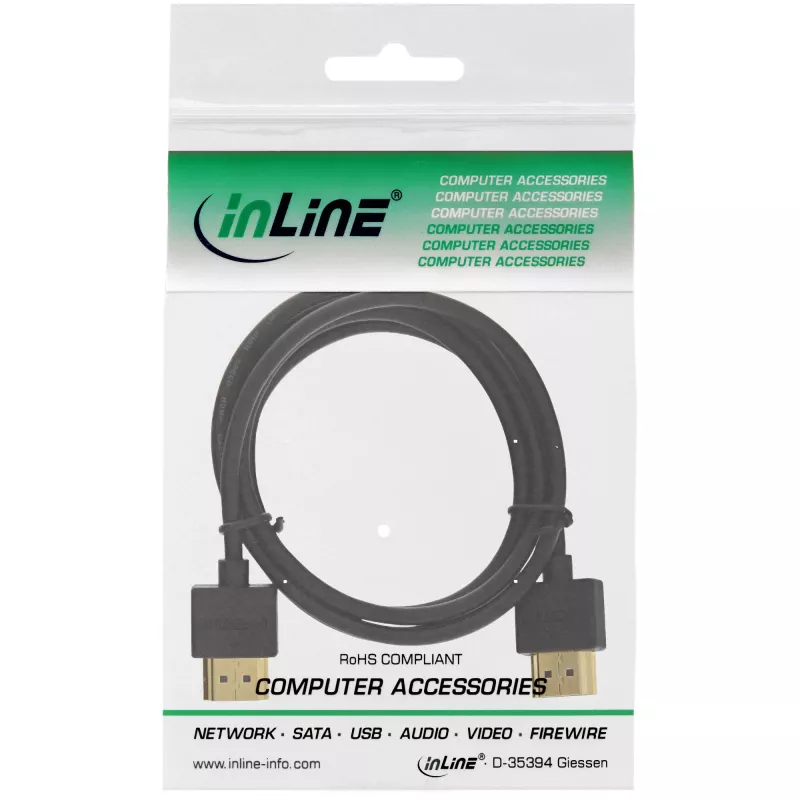 InLine High Speed HDMI laidas su Ethernet, AM/AM, itin plonas, juodas/auksinis, 1m