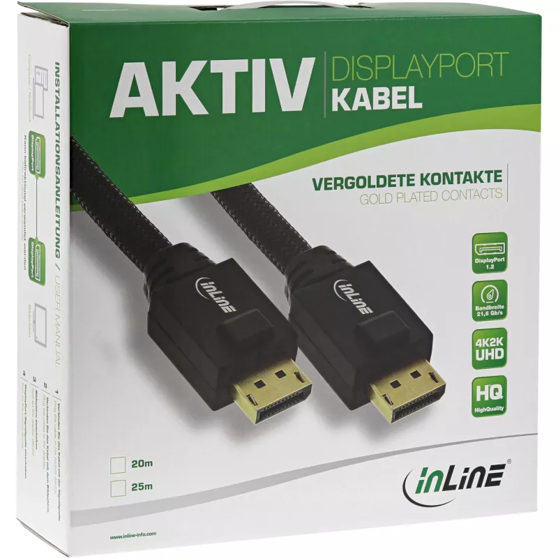 InLine DisplayPort aktyvus kabelis, juodas, auksuoti kontaktai, 20 m