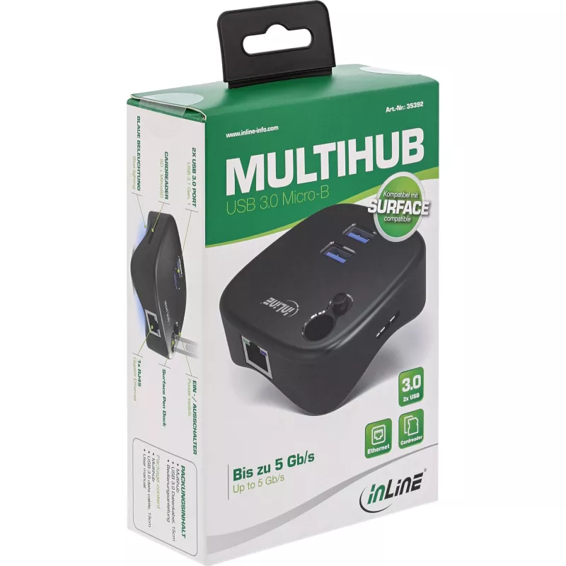 InLine USB 3.0 daugiafunkcis adapteris, 2xUSB-A, RJ45, SD/MicroSD kortelių skaitytuvas, juodas
