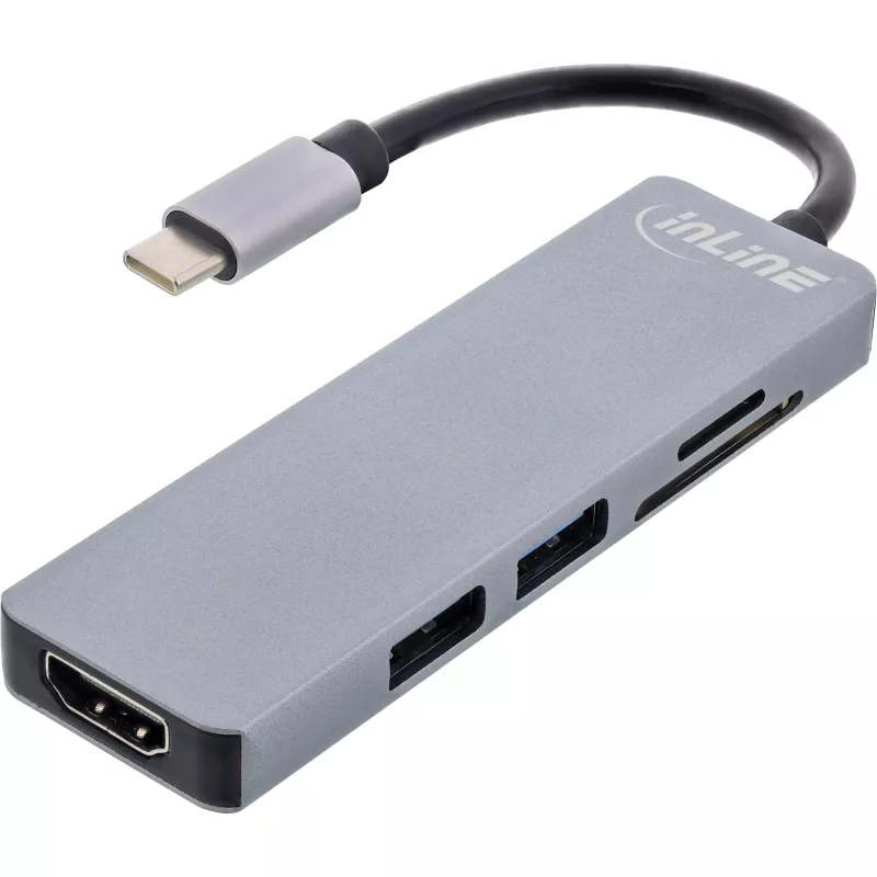 InLine Multi-hub USB 3.2 Gen.1, 2x USB-A, HDMI 4K/30Hz, kortelių skaitytuvas, aliuminis, pilkas