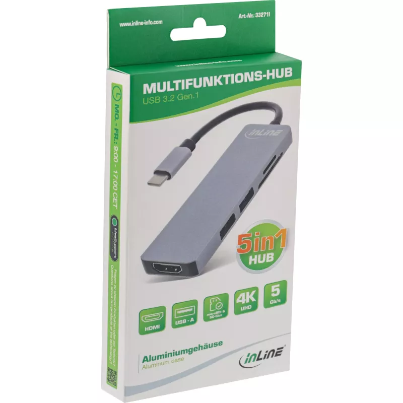 InLine Multi-hub USB 3.2 Gen.1, 2x USB-A, HDMI 4K/30Hz, kortelių skaitytuvas, aliuminis, pilkas