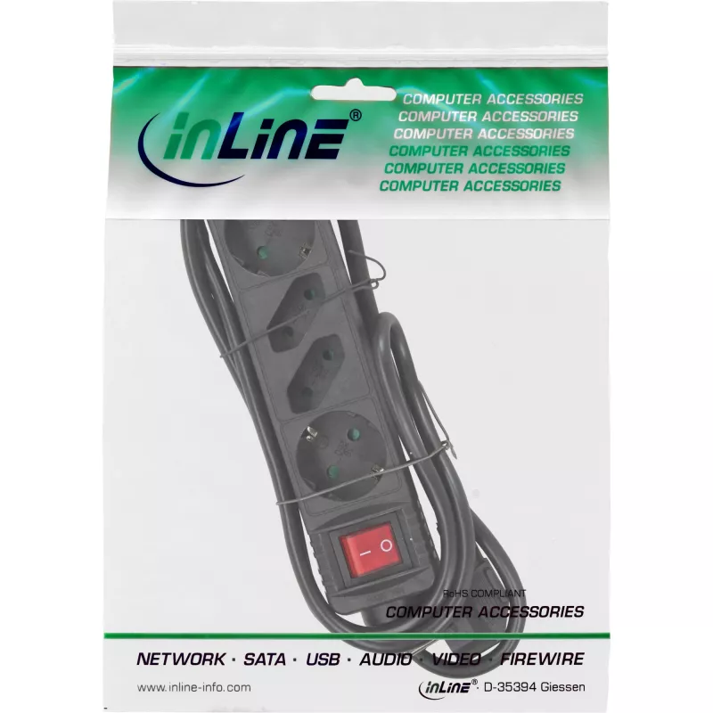 InLine kištukinis lizdas, 4 lizdų, 2x CEE7/3 + 2x Euro CEE 7/16, juodas, 5 m