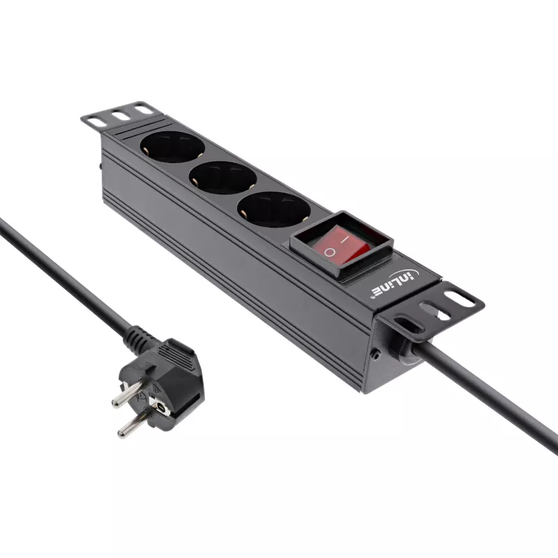 InLine 10 colių PDU, 3 lizdų su įžeminimo kontaktu, su jungikliu, 2 m, juoda