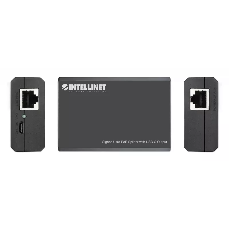 Intellinet PoE skirstytuvas su USB-C išvestimi, PoE++ / 4PPoE, Gigabit Ultra, IEEE 802.3bt, RJ45 įvesties ir išvesties prievadai, iki 45 W USB-C išvesties prievadas