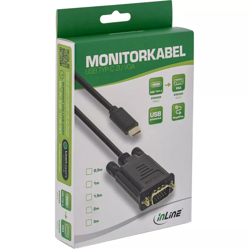 InLine USB Display kabelis, USB-C tėvas / VGA tėvas (DP Alt Mode), juodas, 2 m