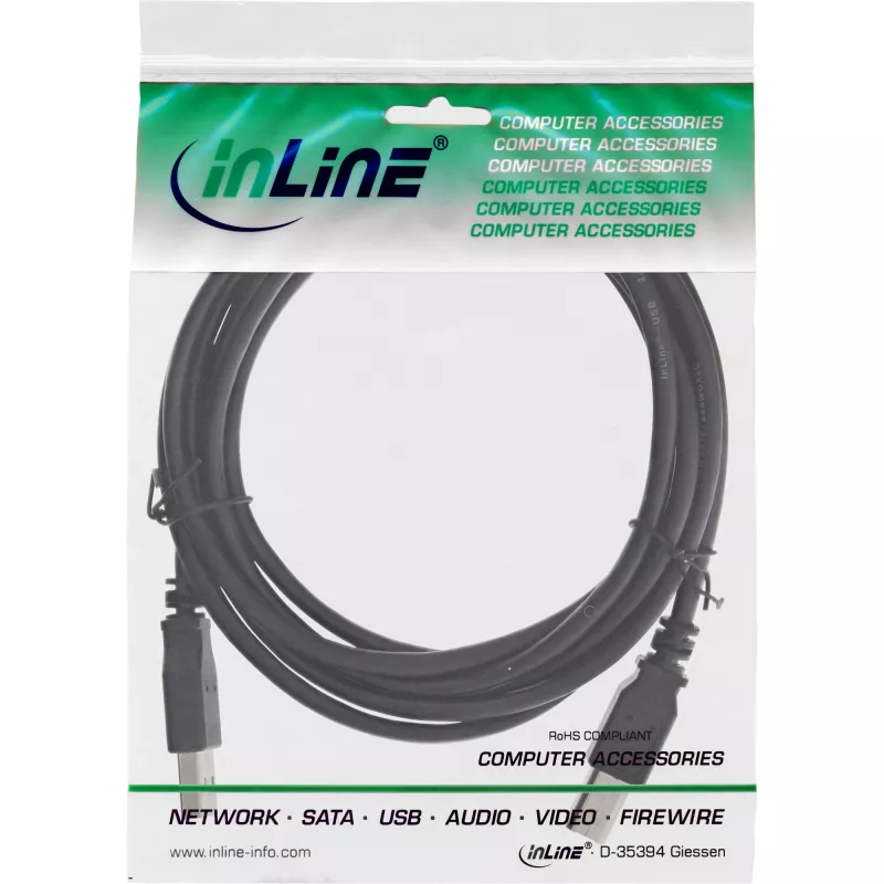 USB 2.0 laidas, A tipo kištukas / B tipo kištukas, juodas, 1 m, InLine 34511X