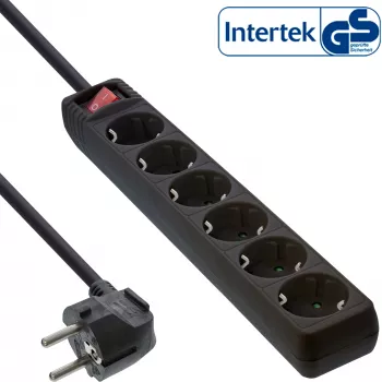 InLine kištukinis lizdas, 6 krypčių įžeminimo kontaktas CEE 7/3, juodas, 3 m