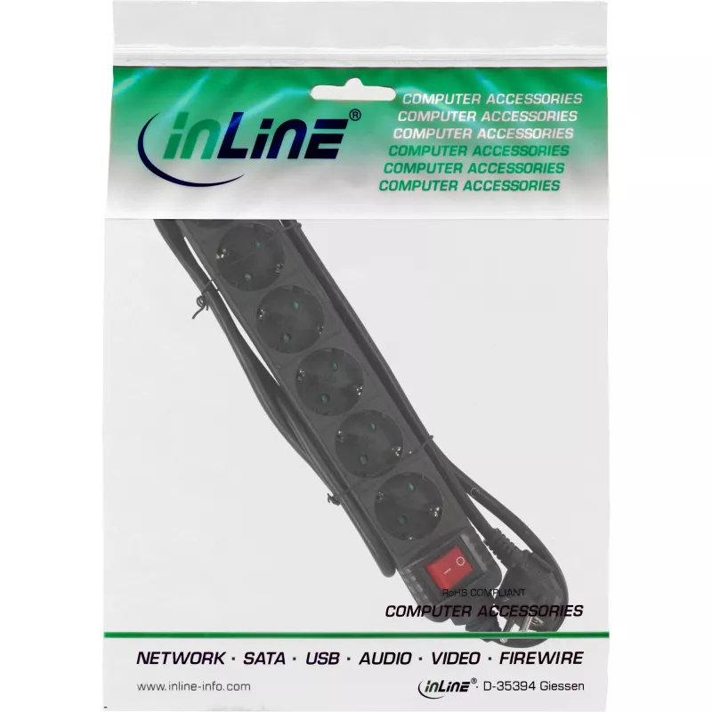 InLine kištukinis lizdas, 6 krypčių įžeminimo kontaktas CEE 7/3, juodas, 3 m