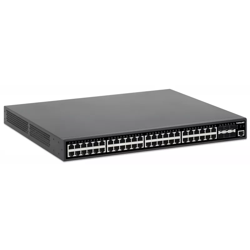 Intellinet 48 prievadų Gigabit Ethernet PoE+ 2+ lygmens valdomas komutatorius su šešiais 10G SFP+ aukštynkrypčiais IEEE 802.3at/af (PoE+/PoE) atitinkantis, 450 W PoE energijos biudžetas, 2+/3 lygmens Lite, 6 x 10G SFP+ atviri