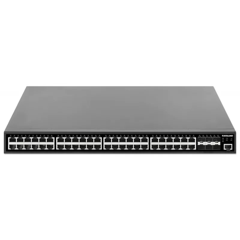 Intellinet 48 prievadų Gigabit Ethernet PoE+ 2+ lygmens valdomas komutatorius su šešiais 10G SFP+ aukštynkrypčiais IEEE 802.3at/af (PoE+/PoE) atitinkantis, 450 W PoE energijos biudžetas, 2+/3 lygmens Lite, 6 x 10G SFP+ atviri