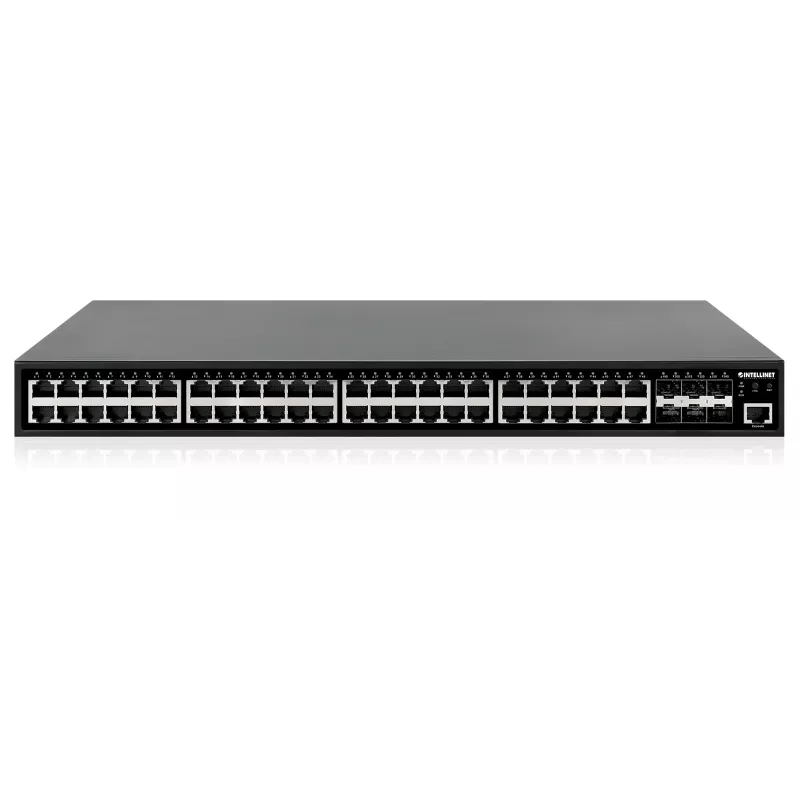 Intellinet 48 prievadų Gigabit Ethernet PoE+ 2+ lygmens valdomas komutatorius su šešiais 10G SFP+ aukštynkrypčiais IEEE 802.3at/af (PoE+/PoE) atitinkantis, 450 W PoE energijos biudžetas, 2+/3 lygmens Lite, 6 x 10G SFP+ atviri