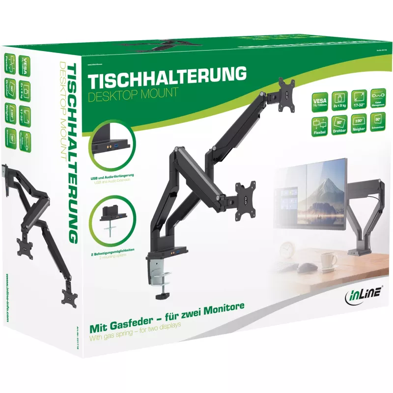 InLine stalinis laikiklis su keltuvu ir USB/garso jungtimis, 2 monitoriams iki 81 cm (32 colių), juodas