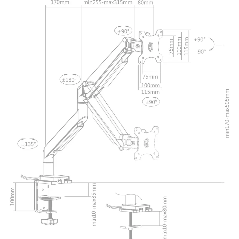 „InLine“ stalo laikiklis su pakėlimu ir USB/garso lizdais iki maks. 82 cm 32 colių 9 kg