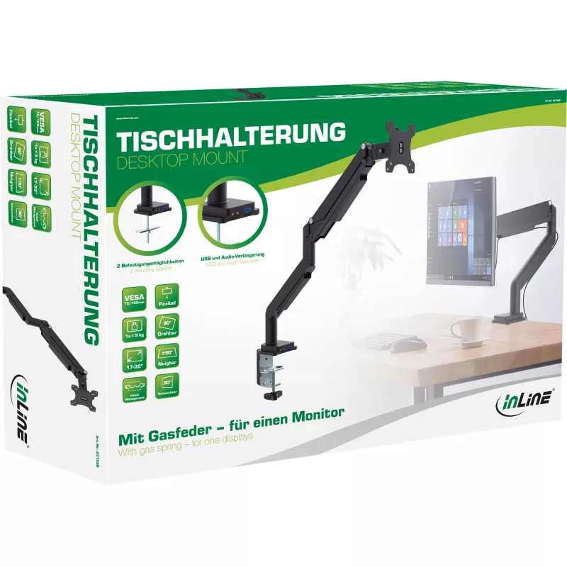 „InLine“ stalo laikiklis su pakėlimu ir USB/garso lizdais iki maks. 82 cm 32 colių 9 kg