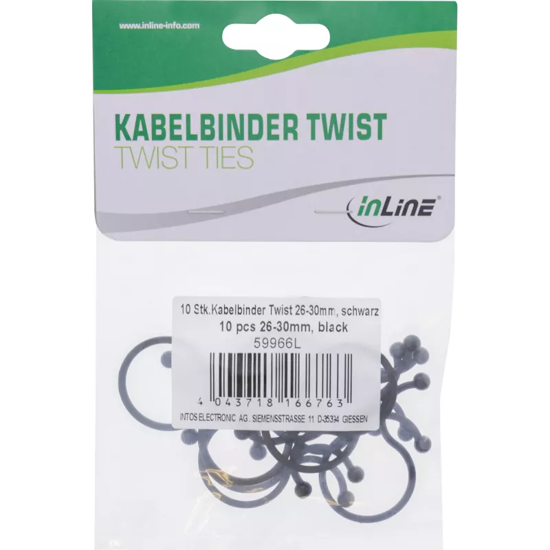 „InLine“ rišamosios vielutės 26–30 mm juodos, 10 vnt. – kabelių/laidų tvarkiklis, 30 mm ilgis