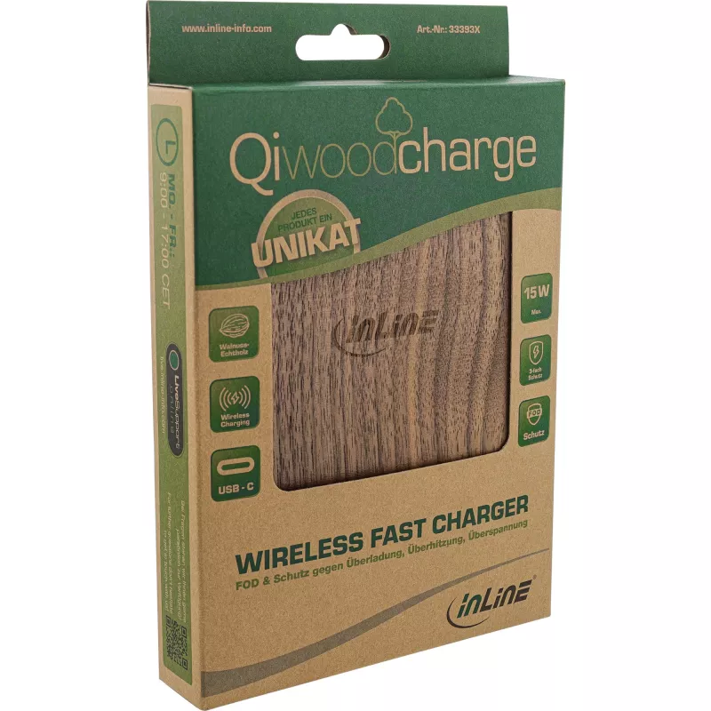 InLine Qi woodcharge, belaidis greitasis įkroviklis, 5/7,5/10W/15W, USB-C