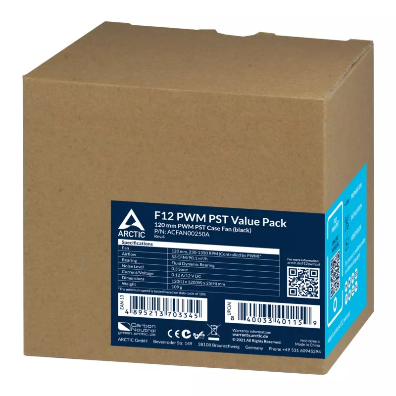 ARCTIC F12 PWM PST - 120 mm PWM korpuso ventiliatorius, 12 cm, 230 RPM, 1350 RPM, 0,3 sone, 90,1 m³/h