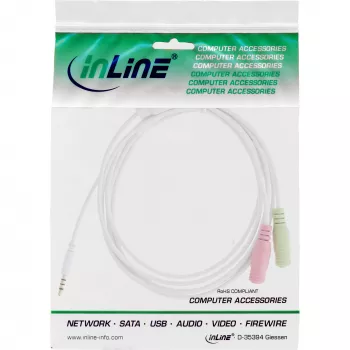 InLine garso ausinių adapterio laidas, 3,5 mm kištukas 4 kontaktų / 2x 3,5 mm, baltas, 1 m