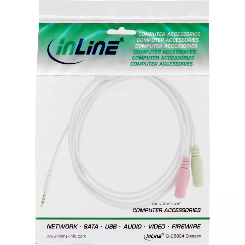 InLine garso ausinių adapterio laidas, 3,5 mm kištukas 4 kontaktų / 2x 3,5 mm, baltas, 1 m