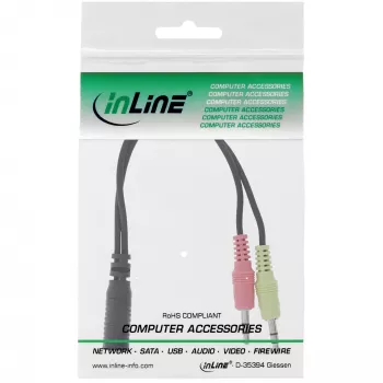 InLine garso ausinių adapterio kabelis, 2x 3,5 mm kištukas į 3,5 mm lizdą 4 kontaktų, OMTP, 0,15 m