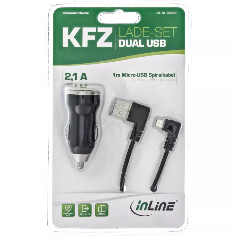 InLine USB DUAL+ KFZ įkrovimo rinkinys, maitinimo adapteris su 1 m spiraliniu kabeliu