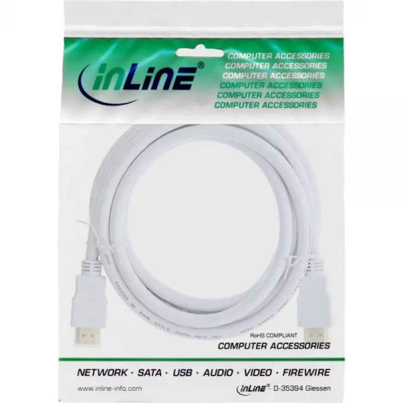 InLine High Speed HDMI laidas su eternetu, kištukas-kištukas, baltas, auksuoti kontaktai, 2m