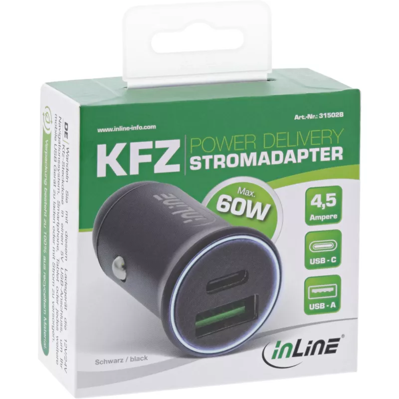 InLine USB automobilinis kroviklis maitinimo adapteris su galios tiekimu, USB-A + USB-C, juodas