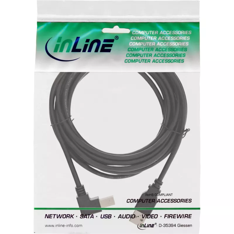 InLine USB 2.0 laidas, žemyn lenkta USB-A į USB-B jungtis, juodas, 2 m