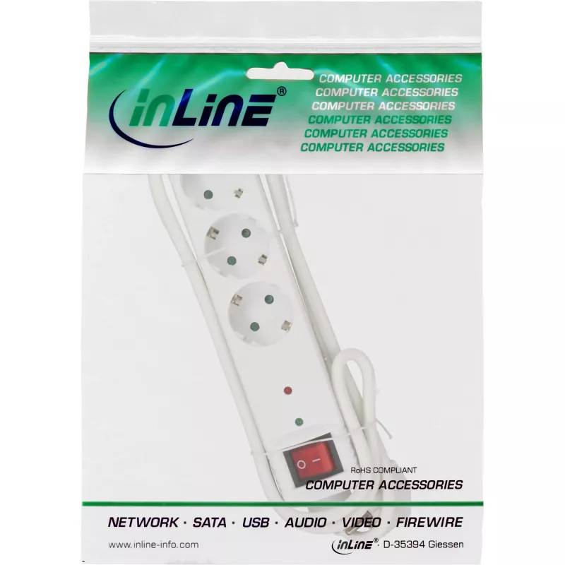 InLine kištukinis lizdų blokas CEE 7/3, 3 lizdai, apsauga nuo viršįtampių, jungiklis, baltas