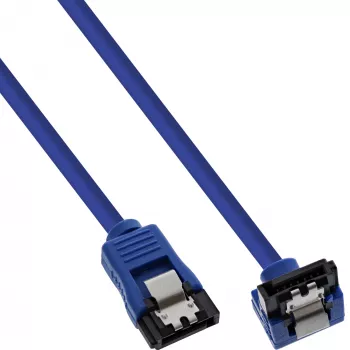 InLine SATA 6Gb/s apvalus laidas mėlynas 90° kampu su skląsčiais 0,15 m