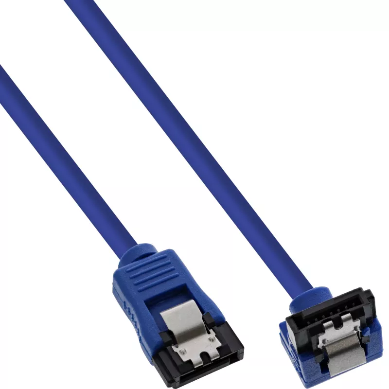 InLine SATA 6Gb/s apvalus laidas mėlynas 90° kampu su skląsčiais 0,15 m