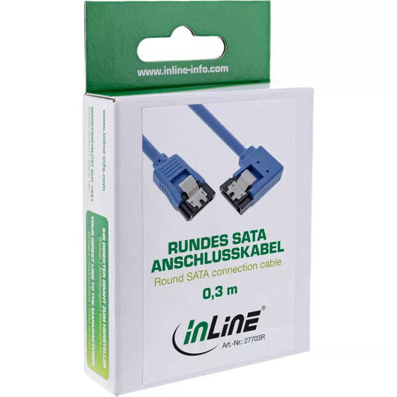 InLine SATA 6Gb/s apvalus laidas, vienoje pusėje stačiu kampu 90°, su skląsčiais, 0,3 m