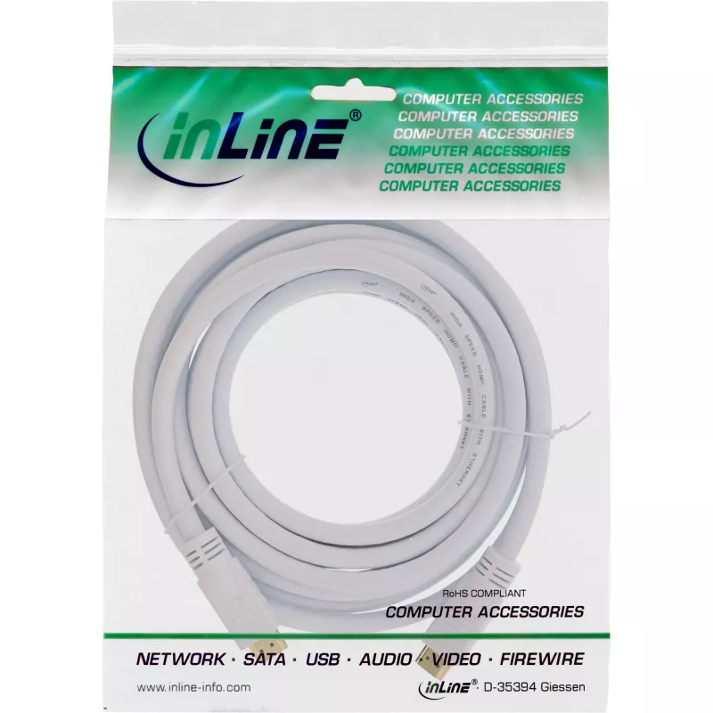 InLine High Speed HDMI kabelis su eternetu, M/M, baltas, auksiniai kontaktai, 5 m