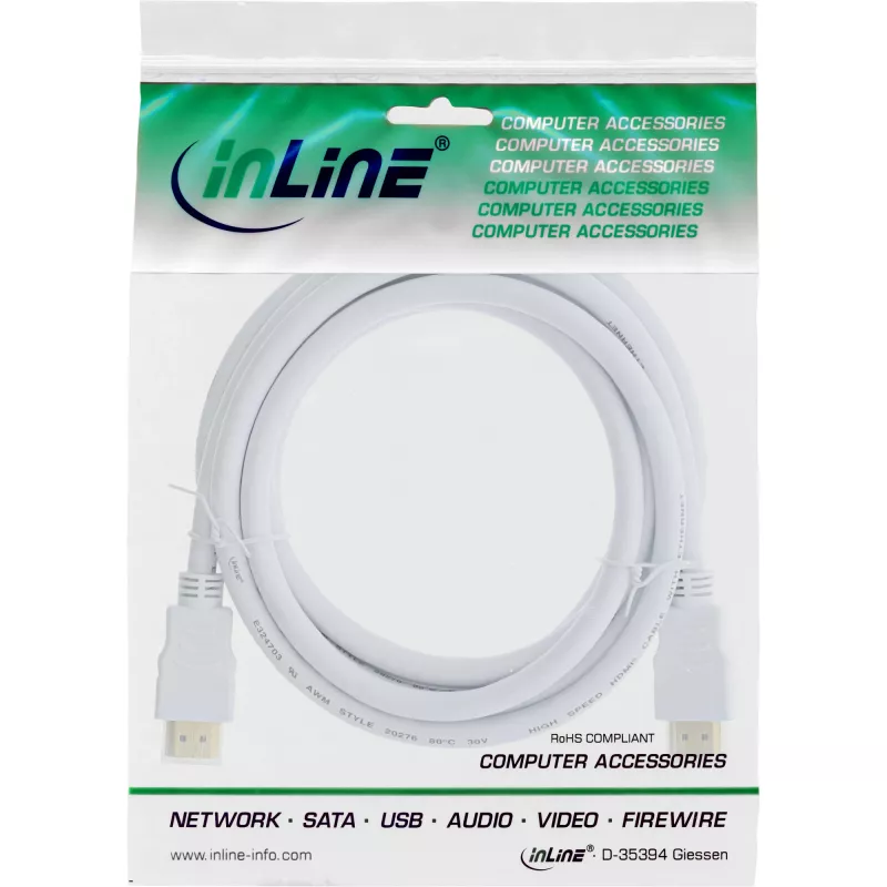 InLine High Speed HDMI laidas su Ethernet, M/M, baltas, auksuoti kontaktai, 3 m