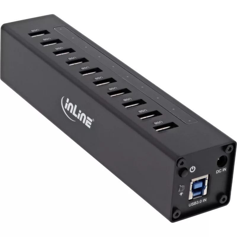 InLine USB 3.0 10 prievadų šakotuvas aliuminio korpuse su 4A maitinimo šaltiniu, juodas