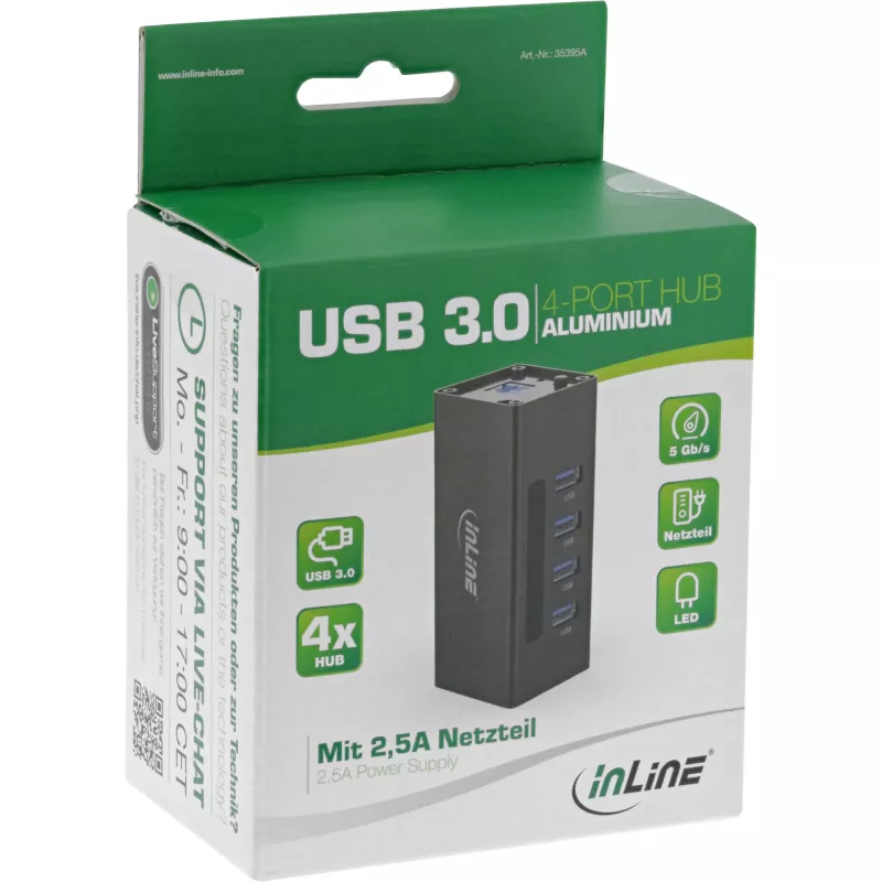 InLine USB 3.0 šakotuvas, 4 prievadų, aliuminio korpusas, su 2,5A maitinimo šaltiniu