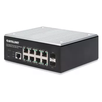 Intellinet pramoninis 8 prievadų gigabitinio eterneto PoE+ 2 lygio+ žiniatinklio valdomas jungiklis su 2 SFP prievadais, atitinka IEEE 802.3at/af (PoE+/PoE), PoE galios biudžetas iki 240 W, 2 lygis+/3 lygis Lite, IP30 metalinis korpusas, savaime atsistata