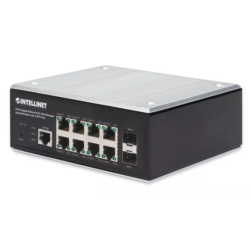 Intellinet pramoninis 8 prievadų gigabitinio eterneto PoE+ 2 lygio+ žiniatinklio valdomas jungiklis su 2 SFP prievadais, atitinka IEEE 802.3at/af (PoE+/PoE), PoE galios biudžetas iki 240 W, 2 lygis+/3 lygis Lite, IP30 metalinis korpusas, savaime atsistata