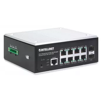 Intellinet pramoninis 8 prievadų gigabitinio eterneto PoE+ 2 lygio+ žiniatinklio valdomas jungiklis su 2 SFP prievadais, atitinka IEEE 802.3at/af (PoE+/PoE), PoE galios biudžetas iki 240 W, 2 lygis+/3 lygis Lite, IP30 metalinis korpusas, savaime atsistata