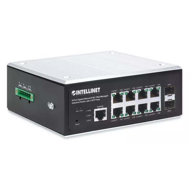 Intellinet pramoninis 8 prievadų gigabitinio eterneto PoE+ 2 lygio+ žiniatinklio valdomas jungiklis su 2 SFP prievadais, atitinka IEEE 802.3at/af (PoE+/PoE), PoE galios biudžetas iki 240 W, 2 lygis+/3 lygis Lite, IP30 metalinis korpusas, savaime atsistata