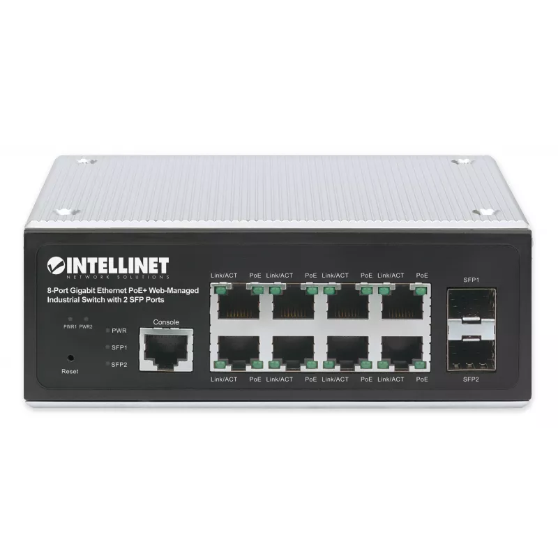 Intellinet pramoninis 8 prievadų gigabitinio eterneto PoE+ 2 lygio+ žiniatinklio valdomas jungiklis su 2 SFP prievadais, atitinka IEEE 802.3at/af (PoE+/PoE), PoE galios biudžetas iki 240 W, 2 lygis+/3 lygis Lite, IP30 metalinis korpusas, savaime atsistata